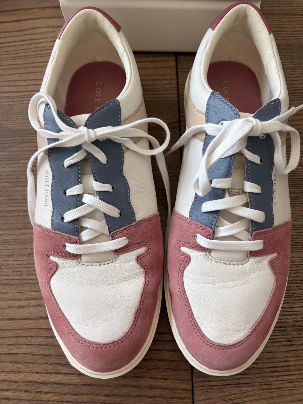 Cole Haan Women’s Leather Grand Sneakers with Pink Suede & Blue Accents